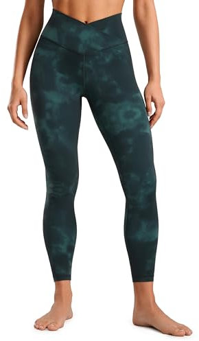 CRZ YOGA Damen Butterluxe Cross Waist Workout Leggings V Cross High Waisted Bauchkontrolle Gym Yoga Leggings - 64cm Smaragdgrüne Batikblumen 40