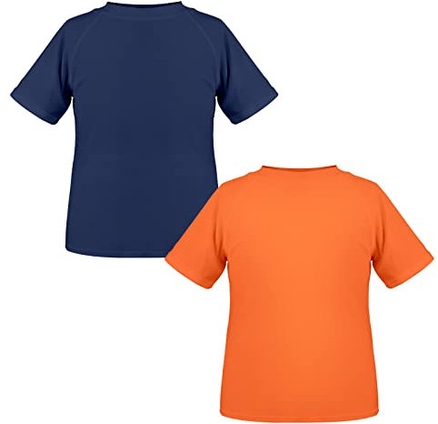 TIZAX 2 Piezas Camiseta Proteccion Solar Niño UPF 50+ Camiseta Anti UV Traje de Baño de Manga Corta Rashguard Secado Rapido para Natacion/Piscina/Playa Naranja+Azul Marino 11-12 años