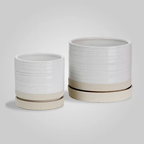 HERDUK 15,2 + 20,3 cm Blumentöpfe, Keramik-Übertopf mit Ablaufloch & Untersetzer, Innen/Außen, Zylinder, runder Übertopf, Creme & Beige