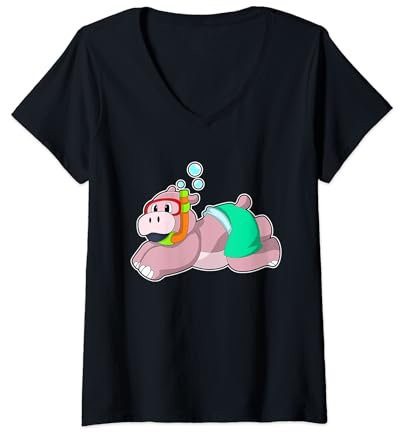 Damen Nilpferd Taucher Schnorchel T-Shirt mit V-Ausschnitt