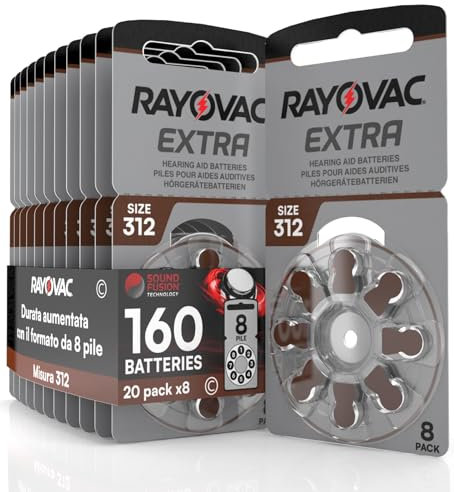 160 Pile Apparecchi Acustici Non Udenti Rayovac Extra 312. con Tecnologia Sound Fusion (20 Blister da 8 Batterie)