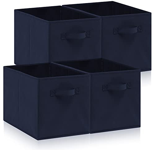 Hibtn Set of 4 Foldable Storage Box, 33 x 38 x 33 cm, Fabric with Handles Storage Cubes And Cloth Storage Organizer Drawer For Closet And Toys Storage, Navy Blue
