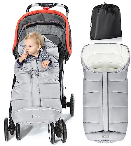 Orzbow Winter Fußsack für Kinderwagen,Baby Fußsack für Buggy mit Kapuze mit Kordelzug,Warmes Polar Fleece,Reflektorstreifen,Reißverschluss,Wasserdicht und Maschinenwaschbar (Hellgrau)