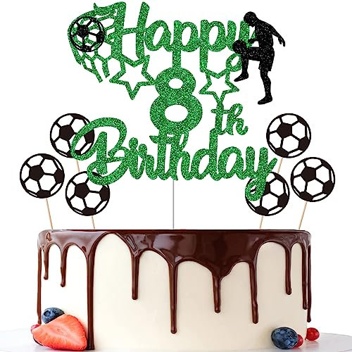 Gidobo 8th Birthday Cake Toppers, Green Glittery Cake Decorations with Football Theme, Eight Years Old Soccer Birthday Party Supplies for Boys