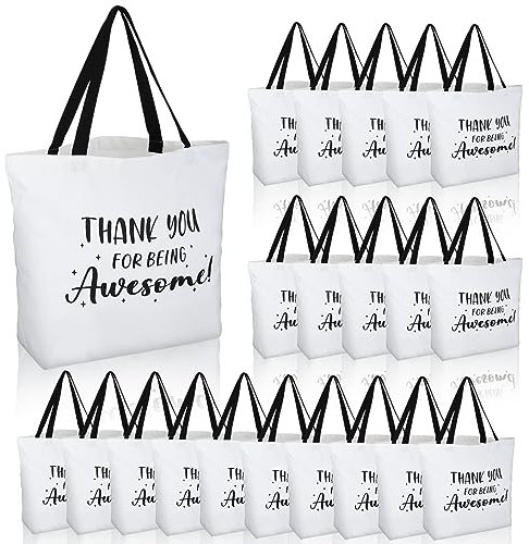 Große Dankes-Taschen, Großpackung für Damen, 47,7 x 38,1 x 14,9 cm, Leinen-Tragetaschen, wiederverwendbare Geschenktüten, Dankeschön, für den Lehrer, 20 Stück, Korpus: weiß, Riemen: schwarz, Wort: