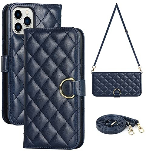 Havaya Coque pour iPhone 11 Pro avec Cordon Étui iPhone 11 Pro avec Porte Carte Portefeuille Étui à Rabat et Folio avec Cordon pour Femmes - Bleu