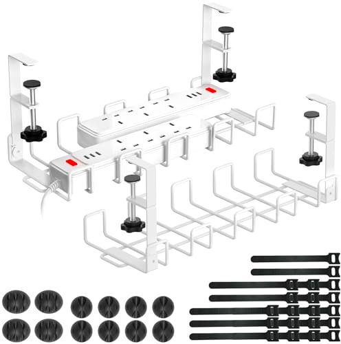 WELDUN Kit de Bandeja de Gestión de Cables para Debajo del Escritorio, Organizador de Metal con Tiras, Color Blanco, Paquete de 2