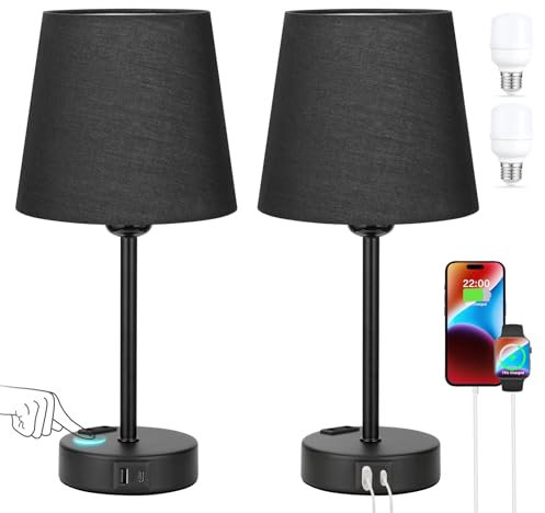 Kakanuo Nachttischlampe Touch Dimmbar 2er Set, Tischlampe mit Ladefunktion USB A+C-Anschlüssen Steckdosen 2 LED Birnen, Schwarz-Lampenschirm, Kleine Lampe für Schlafzimmer Wohnzimmer Babyzimmer Büro
