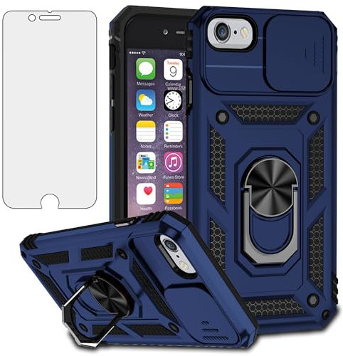 Asuwish Handyhülle für iPhone 7/8/SE 2020 2022 Hülle mit Glas Folie Panzerfolie Kameraschutz Schieber Magnetisch Ring Ständer i SE2020 SE2022 2/2nd 3/3rd Generation 7s 8s 6SE SE2 SE3 Slim Case Blau