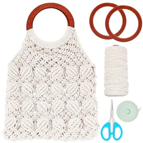 INFUNLY Makramee-Taschen-Set Für Erwachsene, Anfänger, Weiß, DIY-Makramee-Handtaschen-Herstellungsset, Makramee-Einkaufstaschen-Set Für Frauen Mit Anleitung Und Holzgriff, Makramee-Kordelzugtaschen,