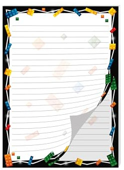 Buntes Briefpapier Schreibblock Schulheft Heft liniert für Mädchen Kinder Schule Teens Erwachsene Unisex Bausteine Bauklötze bunt schwarz (1 Block A5 mit 25 Blättern)