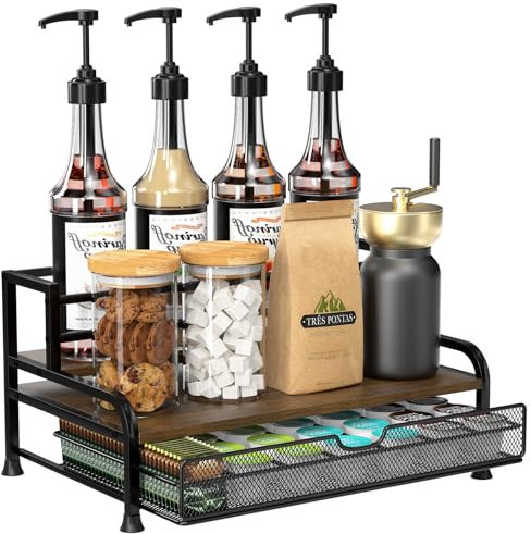 Kaffee Kapselhalter Organizer von 35 Kapseln, 3-Tier Sirup Regal für 8 Flaschen, Kaffee Halter für Sirup, Wein, Gewürz, Kaffeepads Aufbewahrung Schubladen für Küche, Café- Schwarz
