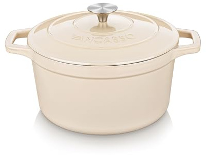 vancasso Schmortopf aus emailliertem Gusseisen mit Edelstahlknopfdeckel, antihaftbeschichtet, zum Dämpfen, Backen und Braten, cremefarben, 2,5 l