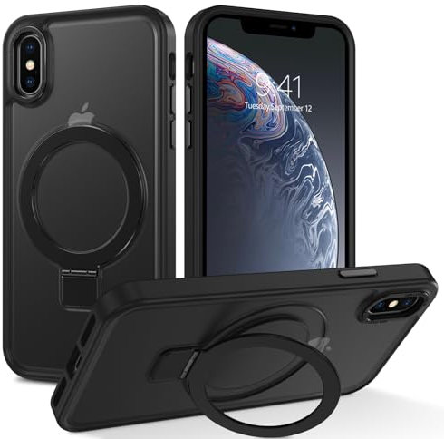 DUEDUE for iPhone X/iPhone XS Case with Invisible Stand Magnetic [Compatible with Mag-safe] Full Body Protective Cover Slim Shockproof Kickstand Ring Phone Case for iPhone X/XS 5.8, Black