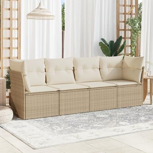 Festnight Gartensofa Rattan Sofa mit Stauraum 4 Sitzer Lounge Sofa Outdoor Rattansofa 3er Balkon Lounge Klein Balkonmöbel Couch Gartenlounge Gartenmöbel Polyrattan Beige