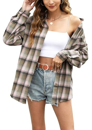 Megfie Chemise surdimensionnée à carreaux en flanelle douce pour femme - Chemise enroulable à manches longues en flanelle, Rose-vert, Taille XL