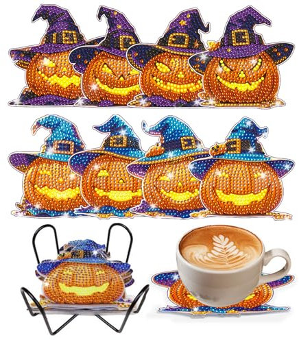 8 Stück Halloween Diamant Kunst Untersetzer Set mit Halter, Kürbis Diamond Painting Serviertablett, Diamond Painting für Tassen, Weingläser, Vasen und Heimküche, Halloween Deko Kinder