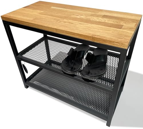 FLEXISTYLE Loft Schuhschrank mit sitzbank schwarz breit Holz Eiche gepolstert Metall Industrial Style (Eiche, 60 cm breit)