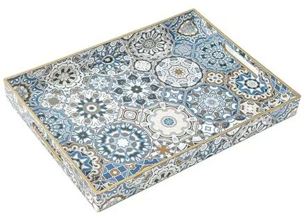 Fuukou Grand plateau de service rectangulaire en plastique avec poignées, plateau de service ottomane bleu bohème pour salon, plateau décoratif pour table basse, 40,6 x 30,5 cm