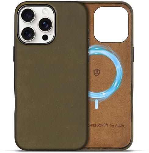 SHIELDON Custodia Base in Vera Pelle per iPhone 16 Pro Max [Slim Fit][Antigraffio][Antiscivolo][Ricarica Wireless] Caso Protettiva Cover Base Compatibile con iPhone 16 Pro Max, Crazy Horse Cachi