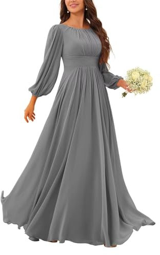 HPPEE Fall Long Sleeve Grey Bridesmaid Dresses for Women with Sleeves Pleated Plus Size Chiffon Evening Formal Dress UK28