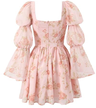 COSDREAMER Mini Abito da Donna a Maniche Lunghe con Scollo Quadrato con Stampa Floreale Dolce Abito Corto in Pizzo Abiti da Festa alla Moda