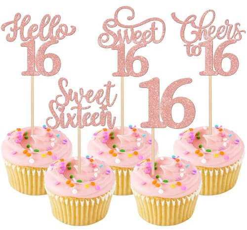 Xsstarmi 30 Pack Happy 16th Birthday Cupcake Toppers Glitter Hello 16 Fabulous Sixteen Cupcake Picks Cheers to 16 Years Cake Decorations for Sweet 16 Happy 16th Birthday Party Supplies Rose Gold