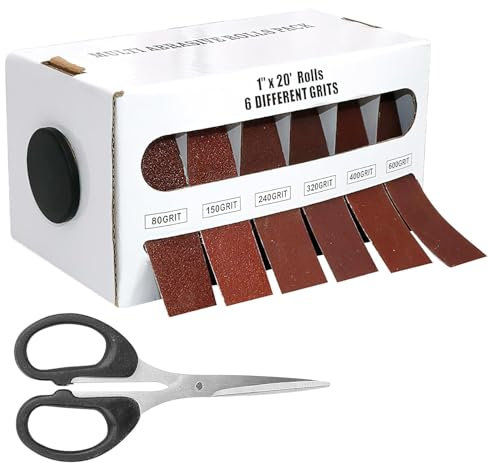 Emery Cloth Roll, 6 Grits Abrasive Sand Paper with Dispenser and Scissors, 80 150 240 320 400 600 Grit Sandpaper Assortment for Wood Metal Polishing Automotive Furniture, 6 Meters Per Roll