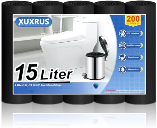 XUXRUS Lot de 200 sacs poubelle noirs indéchirables de 15 l pour la maison, la cuisine, le bureau, la poubelle