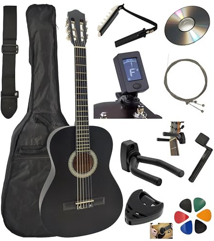 AMROVA Pack Guitare Classique 4/4 (Adulte) 10 Accessoires Cour Vidéo et CD (Noir, 4/4, Droit)