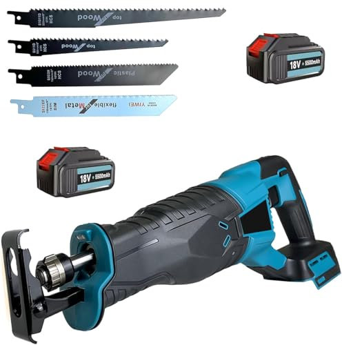 Akku-Säbelsäge,Reciprosäge mit 2x3000mAh Batterien, kompatibel mit Makita 18V Akku BL1850b DJR186ZK, mit 4 Sägeblättern, 3500 U/min, säbelsägen mit variabler Geschwindigkeit zum Schneiden von Holz 
