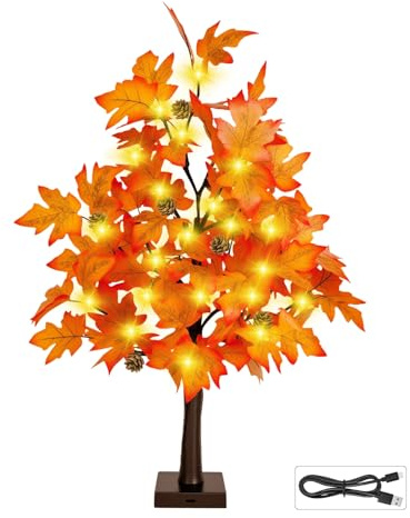 Érable d'automne lumineux de 61 cm – Lampe de table décorative de 61 cm avec 36 lumières LED, 72 feuilles d'érable, 6 broches, minuterie, arbre artificiel d'automne à piles ou USB pour intérieur (1)
