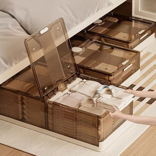 Crevyteg Große Unterbett-Aufbewahrungsboxen, Kunststoff, faltbar, mit Deckel, staubdicht, Unterbettkommode, Organizer für Kleidung, Bettdecken, Decke, Bettwäsche, 100 x 50 x 25 cm, Grau, 2 Stück