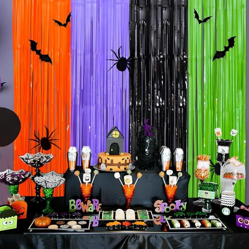 Halloween Party Decorations - Photo Booth Props Party Backdrop, 2 Packs Colorful Foil Fringe Curtains with Bats and Spiders, Halloween Door Curtain for Wall Door Indoor Outdoor Decorations(3.2x6.5FT)