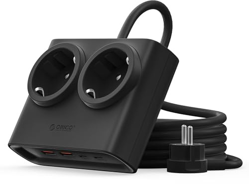 ORICO 25W GaN 6-en-1 Multiprise Rallonge, 2 Prises avec 4 USB (2 USB-C) | Fiche Ultra-Mince, Câble 1.6m, 2500W Max pour Maison/Bureau, Noir