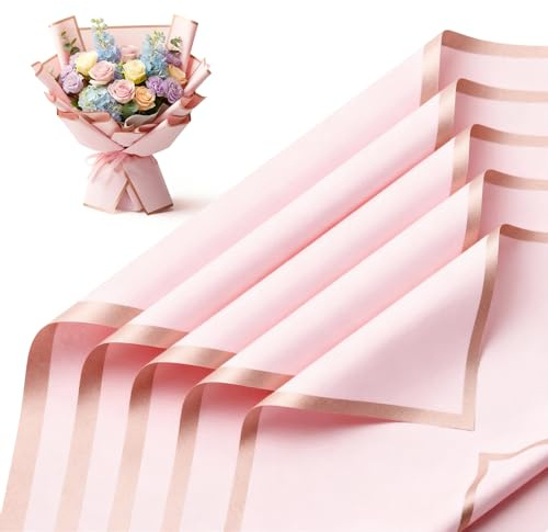 Flower Wrapping Paper, 20 Sheets Waterproof Gold Edge Floral Bouquet Gift Wrapping Paper Double Sided Flower Paper for Bouquets (Pink)
