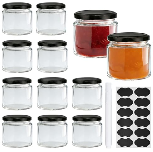 ASSRECT Lot de 12 Bocaux en Verre 150ml avec Couvercle, Petits Pots à Confiture Avec Étiquettes & Marqueur Idéal pour Confiture, Miel & Cadeau