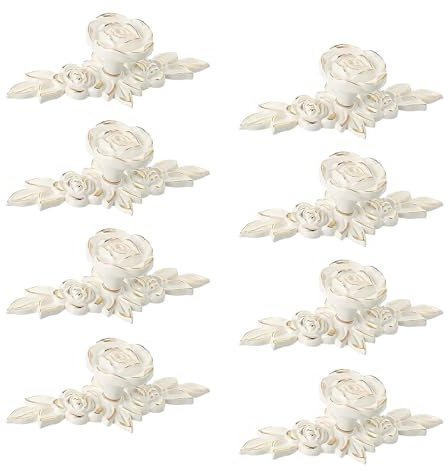 MOROBOR Boutons d'armoire Euro Rose avec plaque arrière, 8 pièces Poignées vintage en alliage de zinc de couleur blanc ivoire pour placard commode avec vis de montage (bord doré)