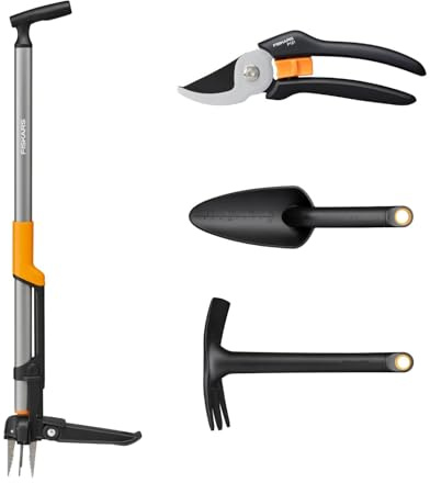 Fiskars Ergonomic Garten-Komplett-Set, 4-teilig, Unkrautstecher, Hacke | Blumenkelle und Gartenschere, Für Unkrautentfernung, Bodenbearbeitung und Pflanzenpflege, Schwarz/Orange, 1082770