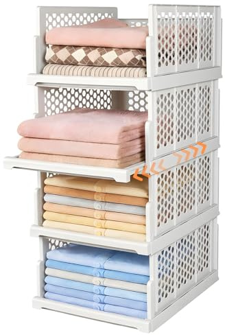 HOTOOLME Pull-out Wardrobe Storage organiser, Set of 4,L | Stackable,with Sliding Rail, Plastic,for Bedroom Closet Laundry