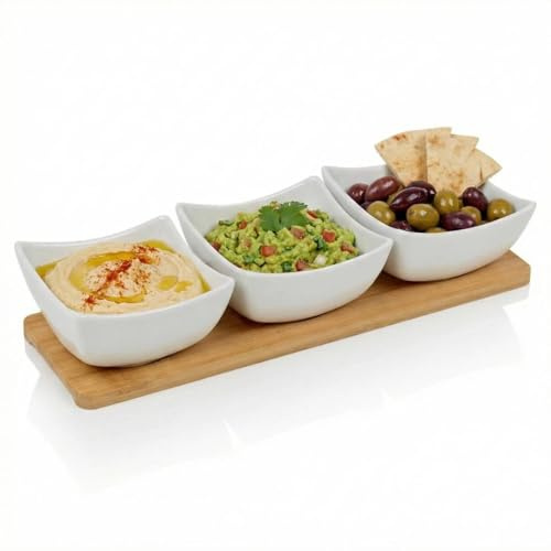 URBNLIVING 4-Piece Porcelain Dip Bowl Set with Bamboo Tray – Square Tapas, Snack & Appetizer Serving Dish – Elegant Entertaining & Party Serving Board