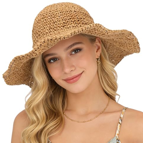 AYPOW Women Wide Brim Sun Straw Hat, UV Protection Adjustable Breathable Floppy Summer Beach Hat, Lightweight Foldable Packable Straw Fedora Hat Visor Cap for Outdoor Holiday Travel Lady and Girl