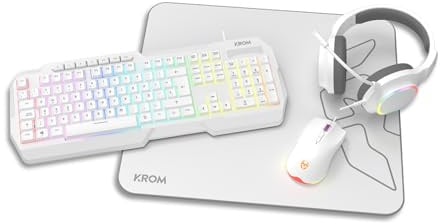 KROM KENTA - 4-in-1-Gaming-Combo - RGB-Rainbow-Tastatur, Spanisches Layout, Antighosting, optische 7200-DPI-Maus, 50-mm-Stereo-Headset und 450x400x3-mm-Mauspad, Farbe Weiß