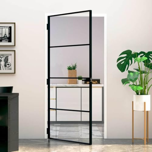 Porte intérieure noire 93 x 201,5 cm Verre trempé avec cadre en aluminium fin et moderne Épaisseur de verre 5 mm Épaisseur de porte 3,5 cm Accessoires de montage inclus
