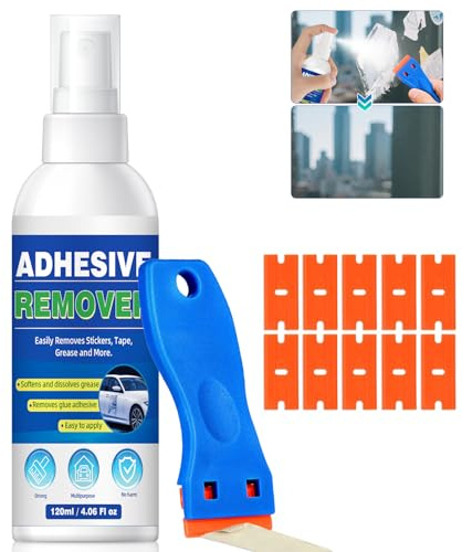 Adhesive Remover, Sticky Stuff Remover with Scraper, Glue Remover for Car Glass, Plastic, Wood, Rubber, Metal, Multi Surface, Sticker Remover Remove Sticky Residues, Labels, Tape, Gum,Wax, 120ml