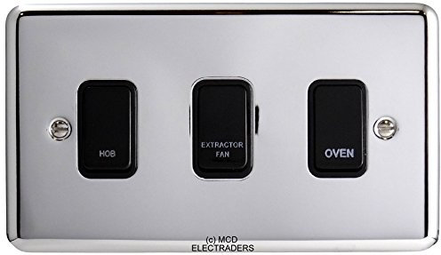 Polished Chrome Customised Kitchen Grid Switch Panel with Black Switches - 3 Gang