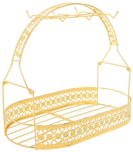 BESTonZON Tea Cup Holder, Coffee Cup Metal Wire Rack with Hook, Wrought Iron Coffee Mug Cup Holder, Golden Mug Holder Stand, Carry Holder Tea Set Rack Display Tea Set Display Stand