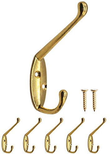 FUXXER® Classic Double Coat Hook, gancio in ferro, gancio in metallo, design in ghisa, stile retrò rustico vintage, 85 x 55 mm, set di 5, ottone, design dorato