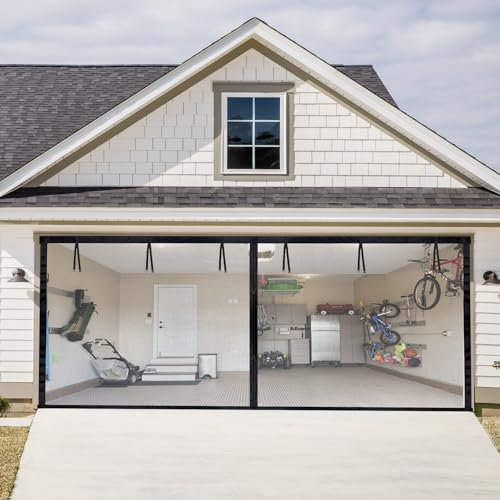 Q-Hillstar Schermo per porta del garage per 2 porte da garage da 40,6 x 2,8 m, resistente, con magneti, rete retrattile a mani libere, schermo magnetico per garage con 6 nastri
