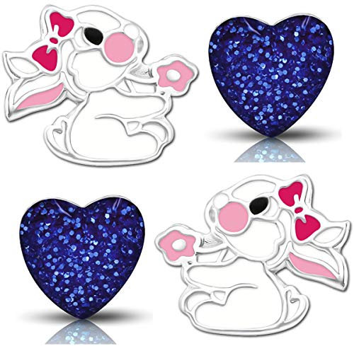 Mädchen Ohrringe echt 925 Sterling Silber Edelstahl Kinder Ohrstecker Häschen Hase blau Herz (K130+K249)